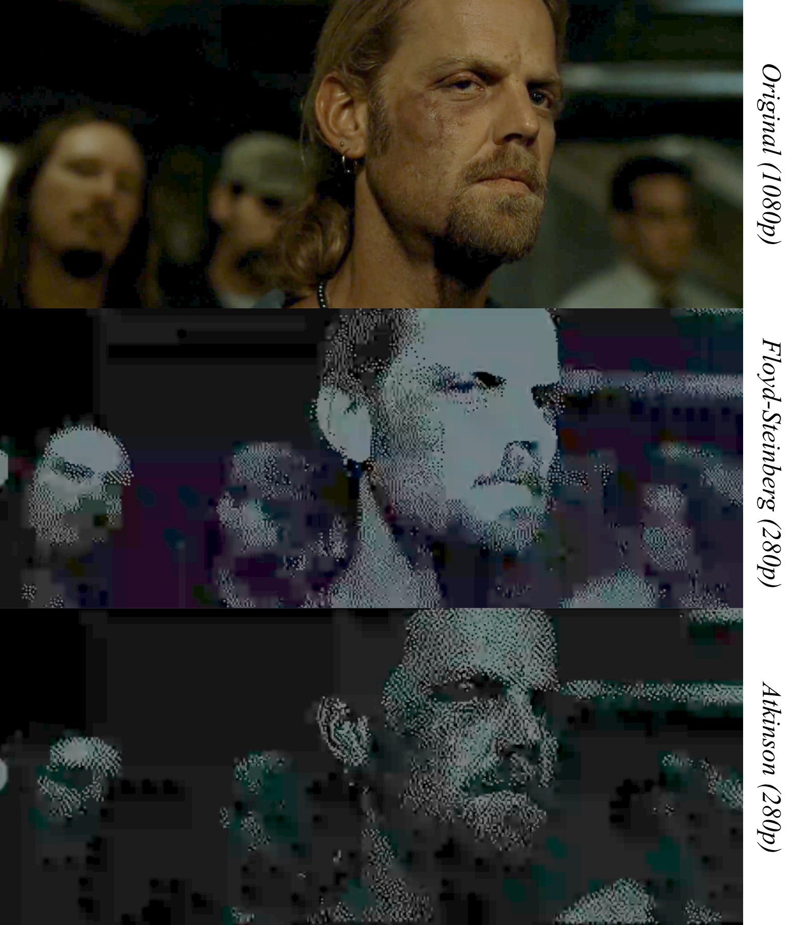Comparison of different dithering outputs on a Fight Club frame